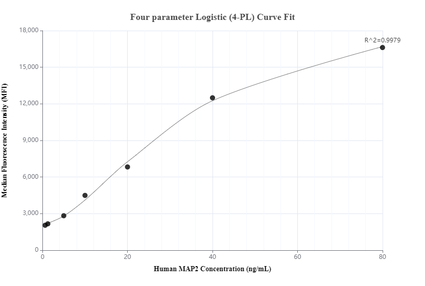 Cytometric bead array standard curve of MP01208-2, MAP2 Recombinant Matched Antibody Pair, PBS Only. Capture antibody: 84306-1-PBS. Detection antibody: 84306-3-PBS. Standard: Ag11580. Range: 0.625-80 ng/mL.  